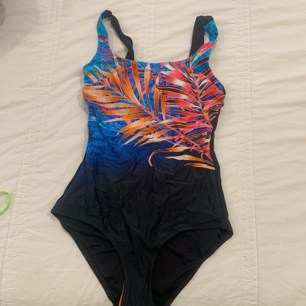 Black and Blue One Piece Swimsuit with Abstract Design